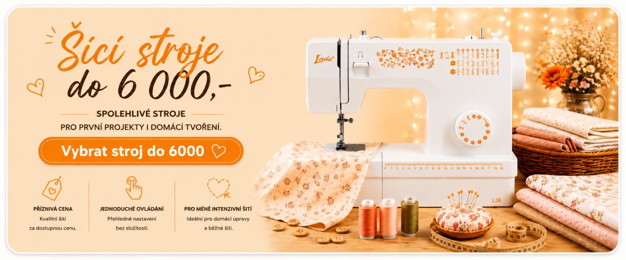 Šicí stroj Lada L30 v útulné kreativní scéně jako banner kategorie šicích strojů do 6000 Kč pro domácí šití a začátečníky.