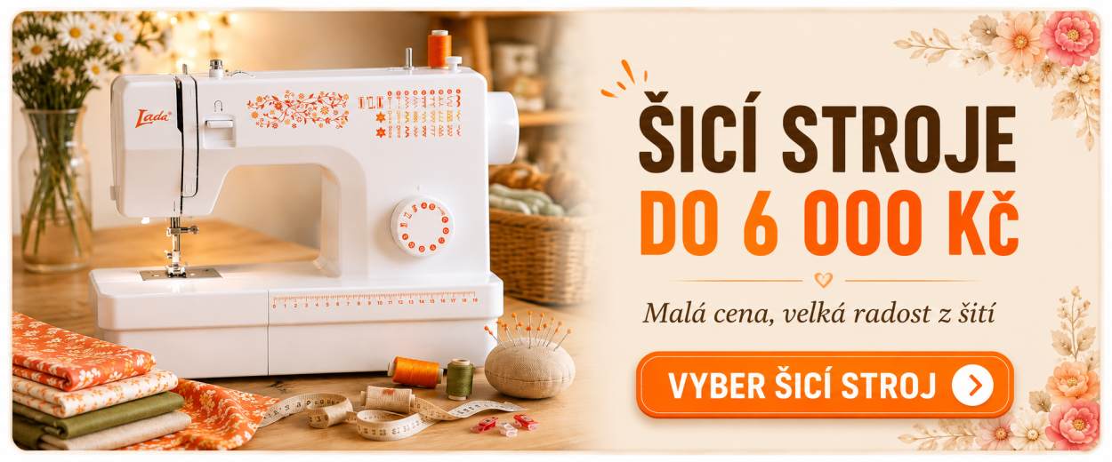 Šicí stroj Lada L30 v útulné kreativní scéně jako banner kategorie šicích strojů do 6000 Kč pro domácí šití a začátečníky.