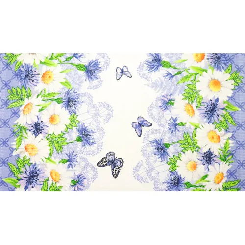 Plátno vaflové piké motýl buket fialový vzor