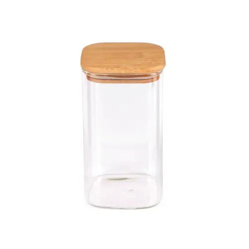 Skleněná dóza s bambusovým víkem, hranatá transparent 1 ks