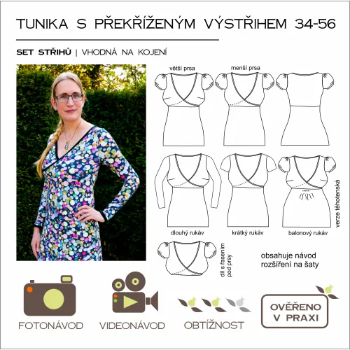 Tištěný střih tunika s překříženým výstřihem a balonovým rukávem, VELKÝ SET