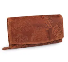 Dámská peněženka kožená s květy hnědá koňak 1 ks